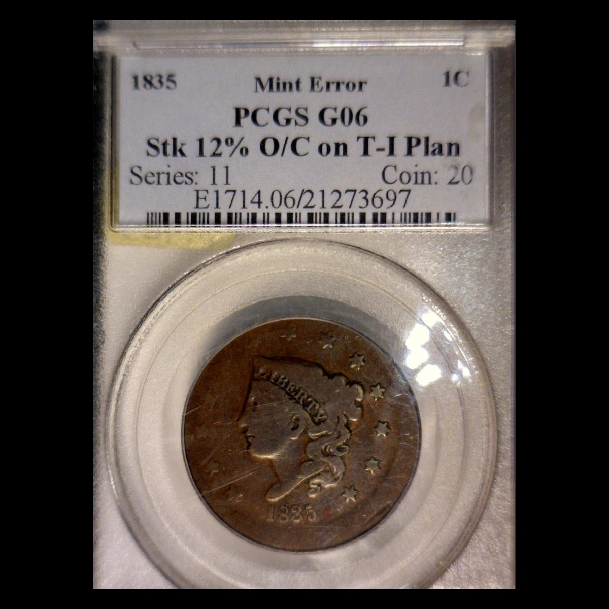 1835 Coronet Head Cent: Off-Center Strike