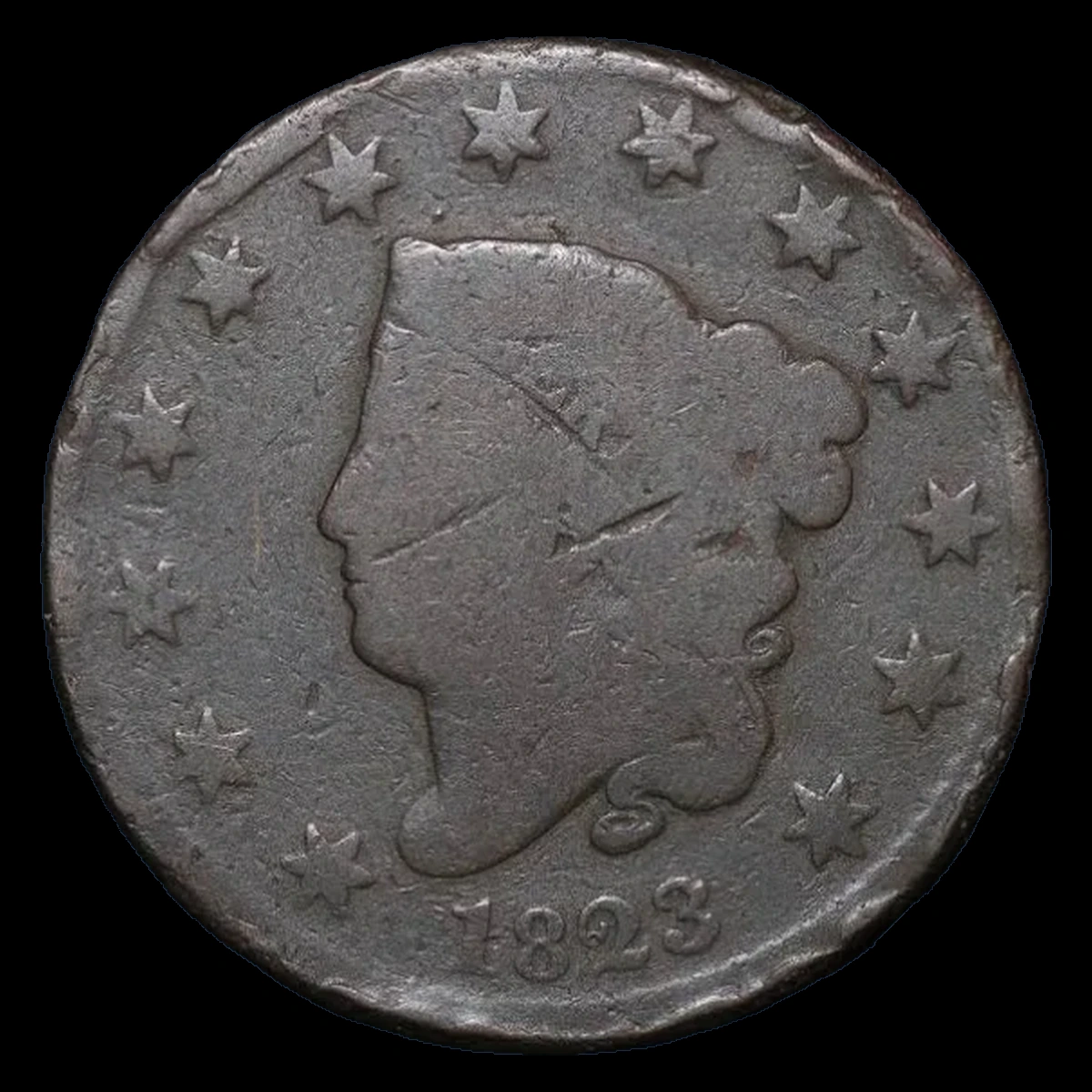 1823 Coronet Head Cent: Die Break / Cud