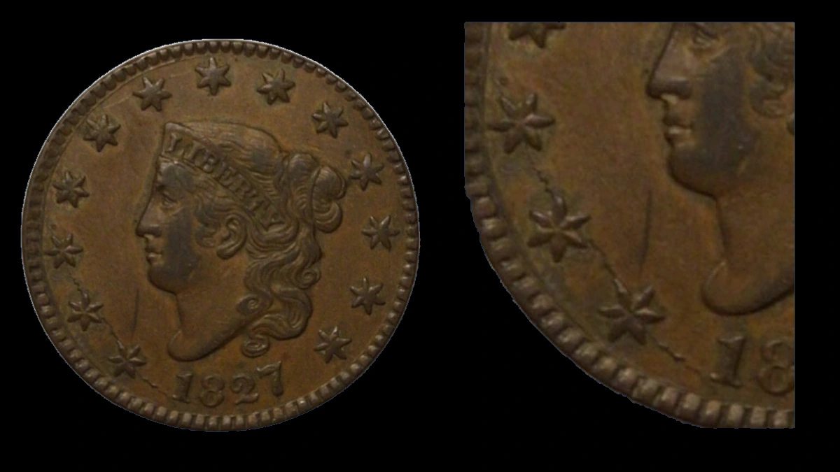 1827 Coronet Head Cent: Die Crack