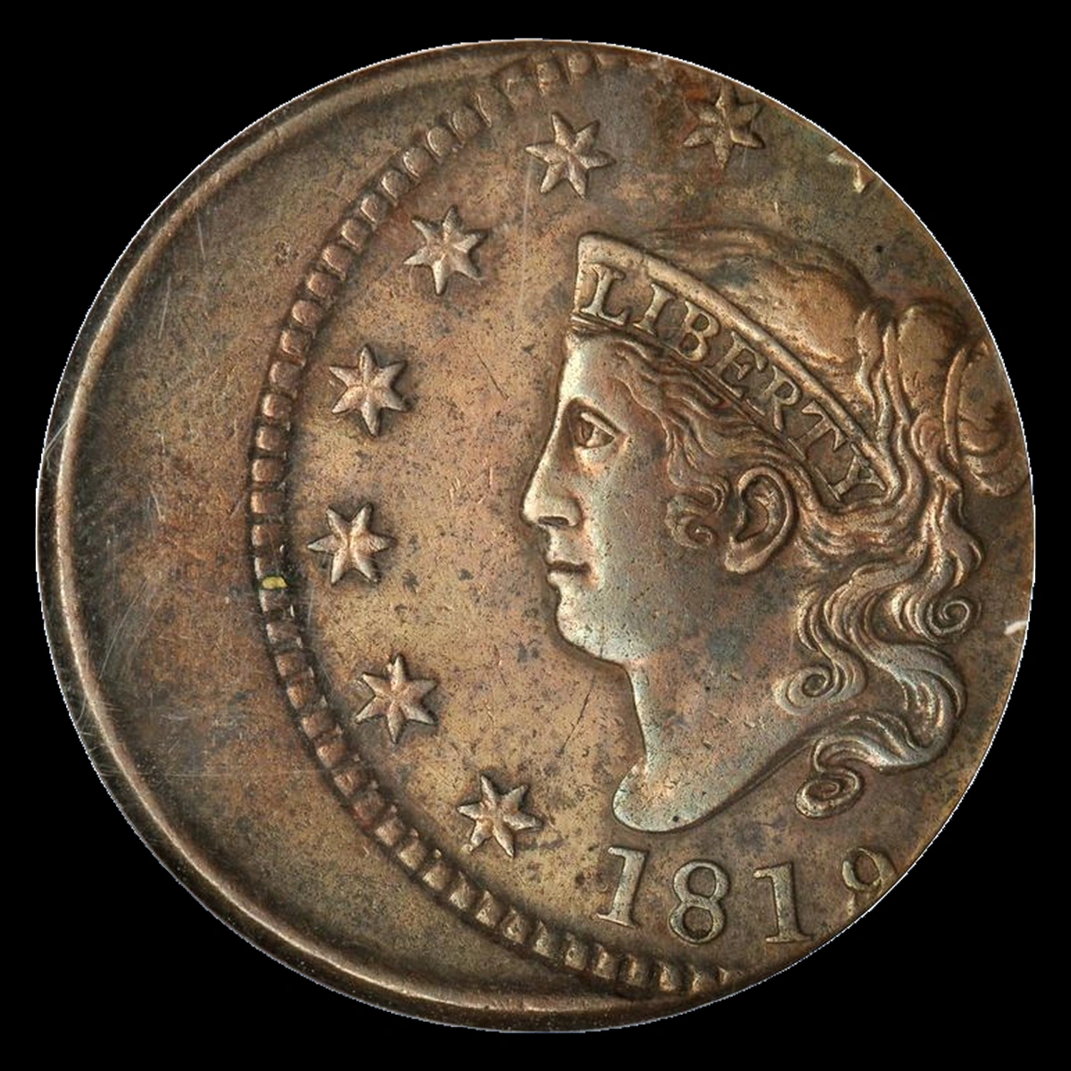 1819 Coronet Head Cent: Off Center Strike
