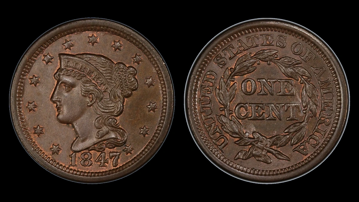 1847 Braided Hair Cent: Repunched Date