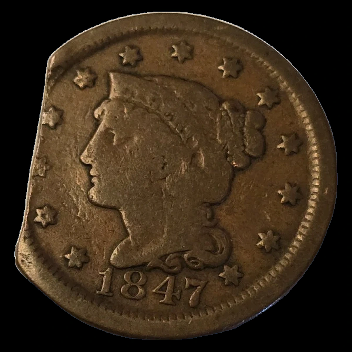 1847 Braided Hair Cent: Clipped Planchet
