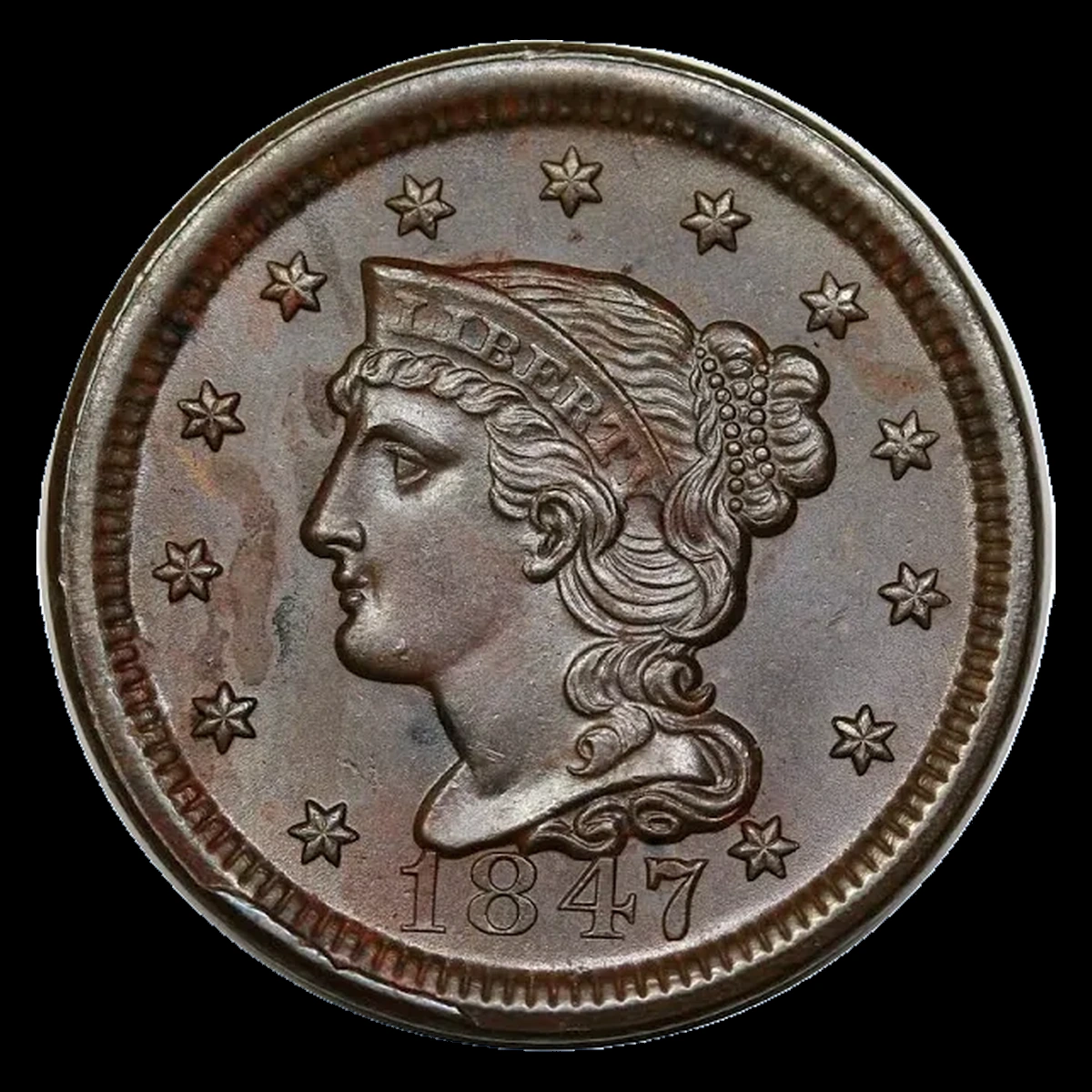 1847 Braided Hair Cent: Die Break / Cud