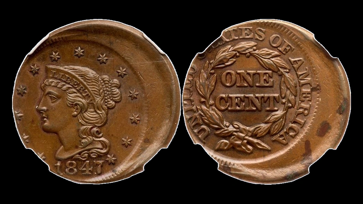 1847 Braided Hair Cent: Off-Center Strike