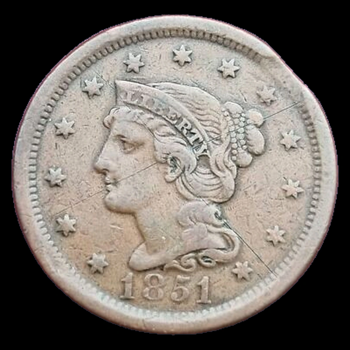 1851 Braided Hair Cent: Clipped Planchet