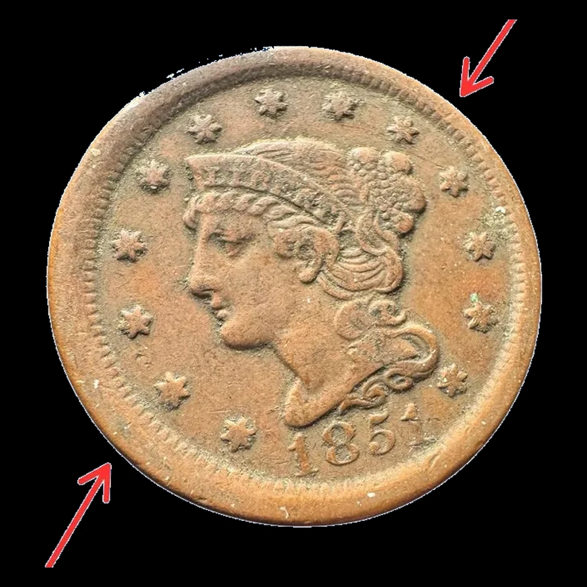 1851 Braided Hair Cent: Off-Center Strike