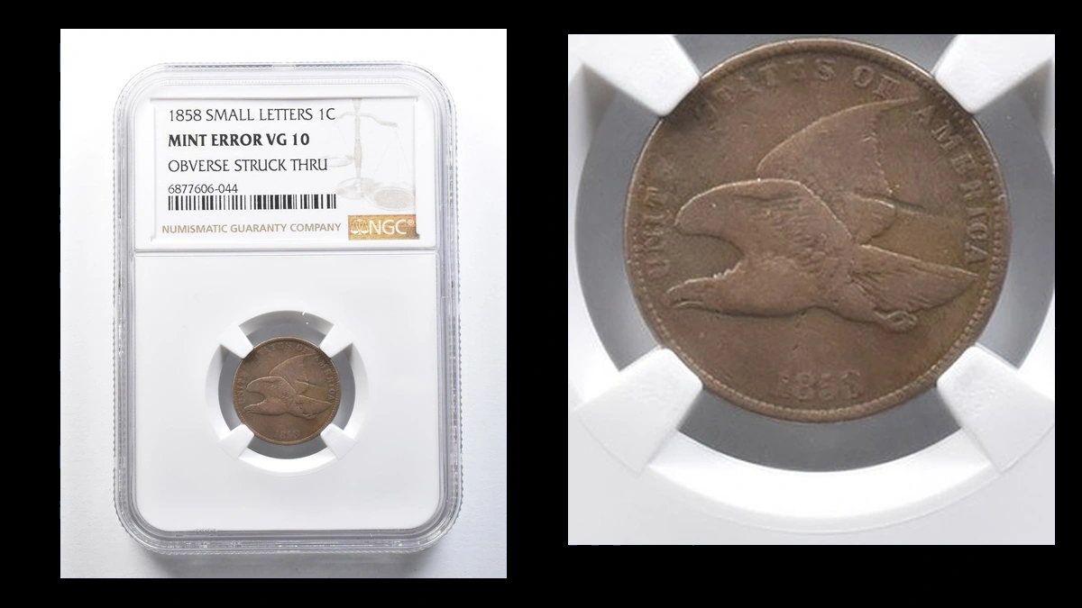 1858 Flying Eagle Cent: Struck-Through Error
