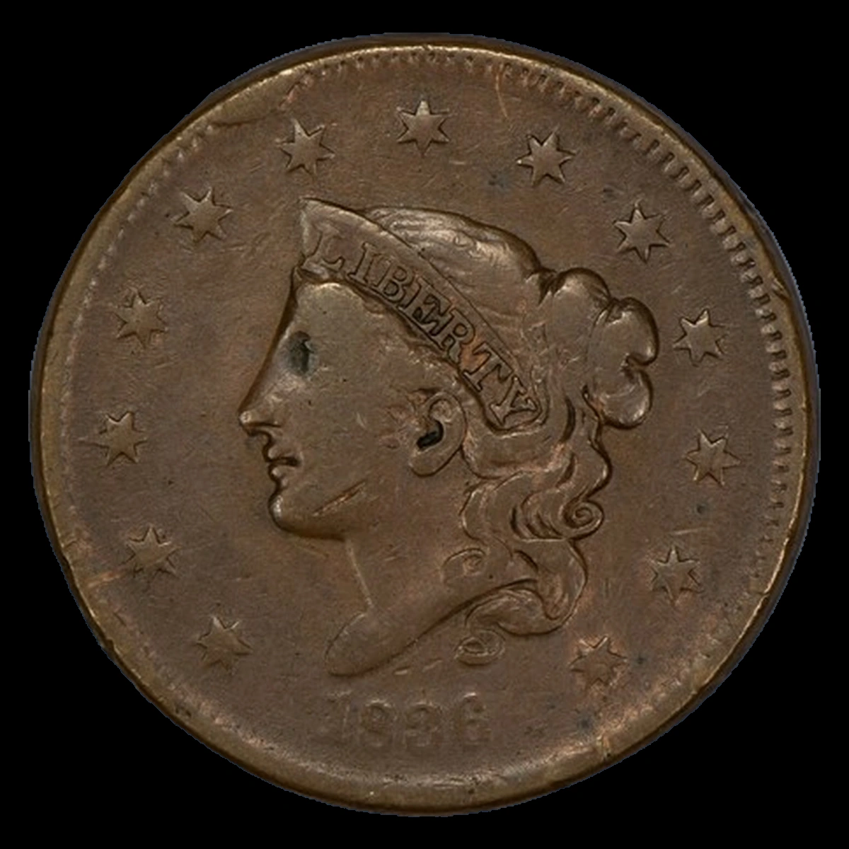 1836 Coronet Head Cent: Die Break / Cud