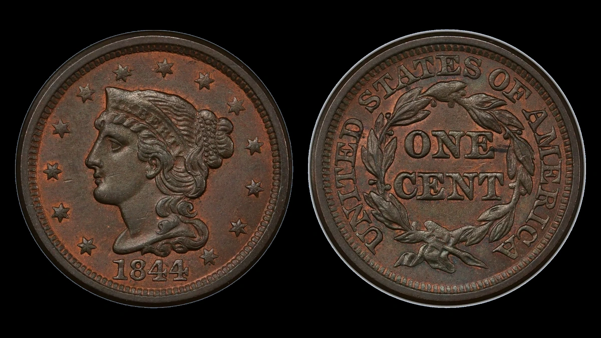 1844 Braided Hair Cent: Repunched Date
