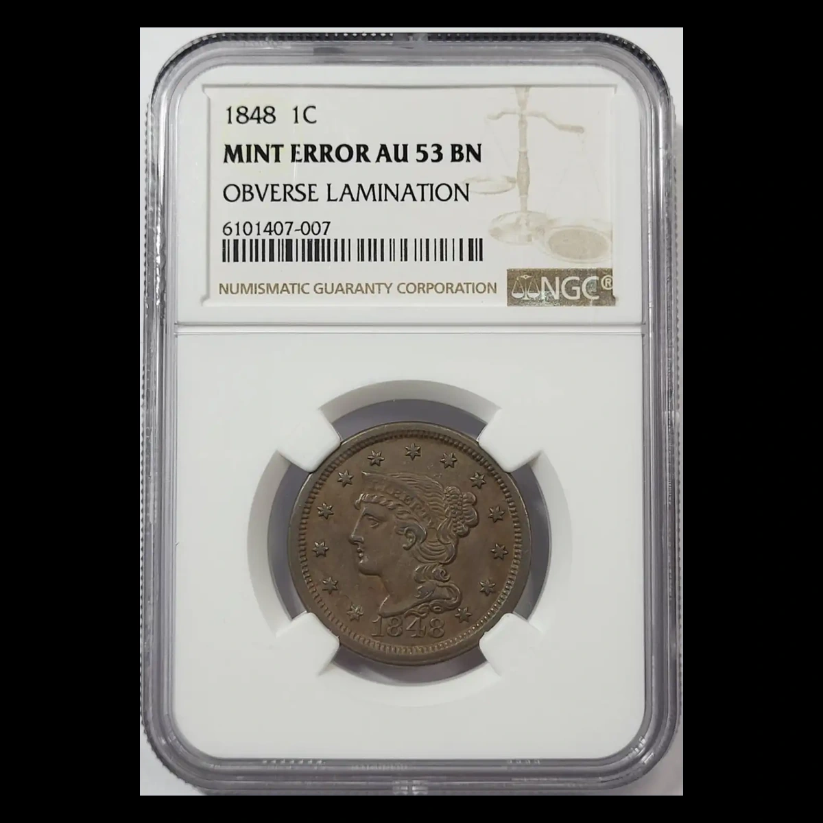 1848 Braided Hair Cent: Lamination / Split Planchet