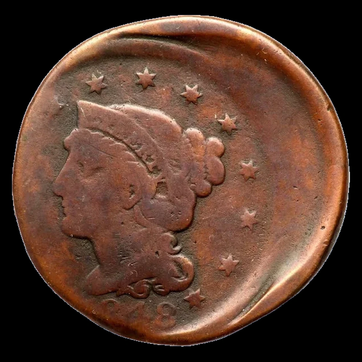 1848 Braided Hair Cent: Off-Center Strike