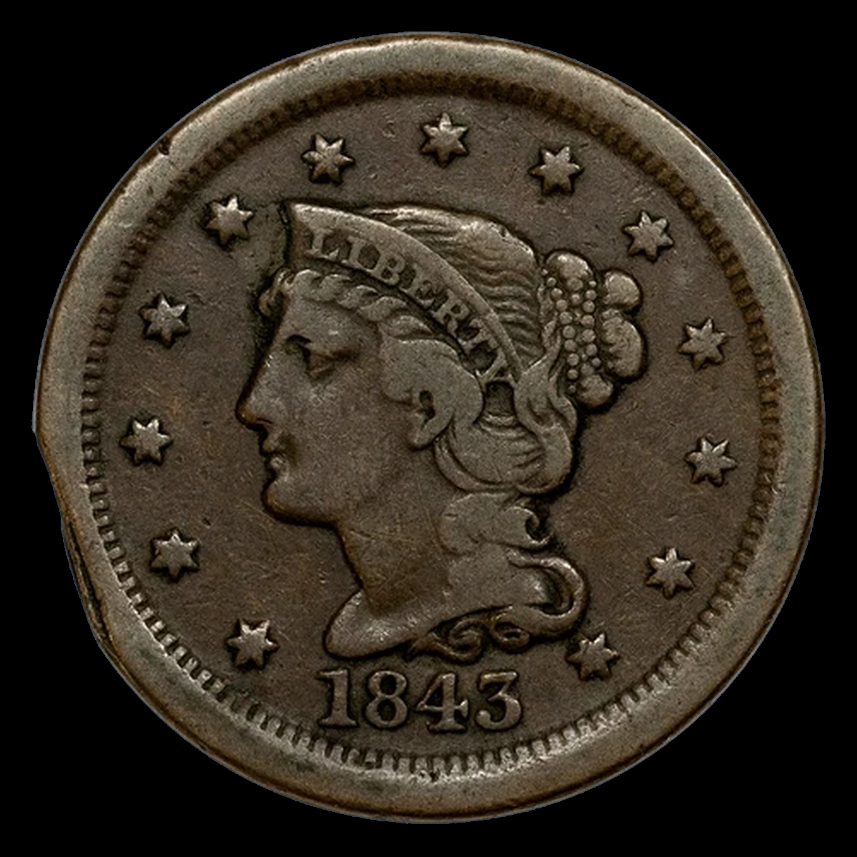 1843 Braided Hair Cent: Clipped Planchet