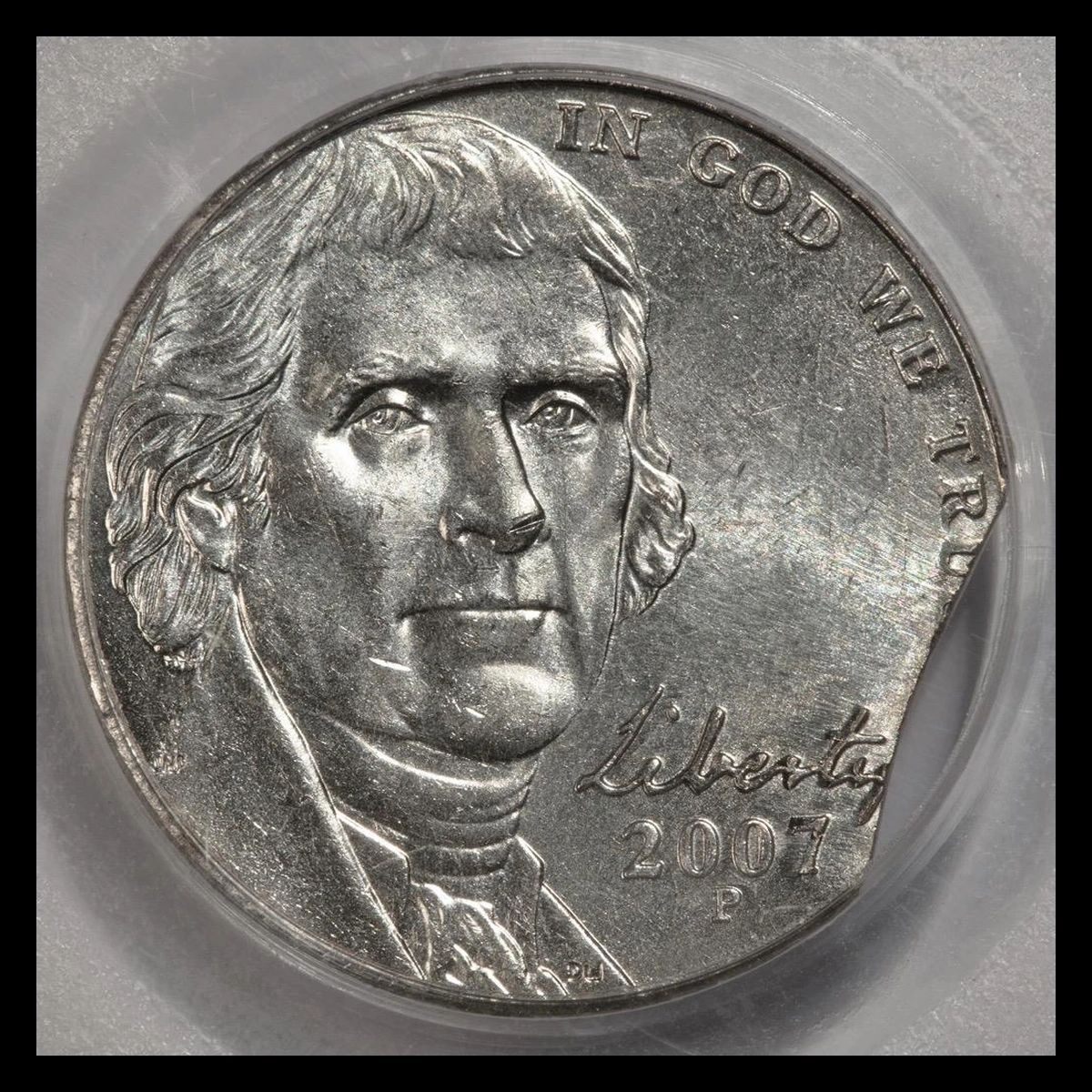 2007 Jefferson Nickel: Clipped Planchet