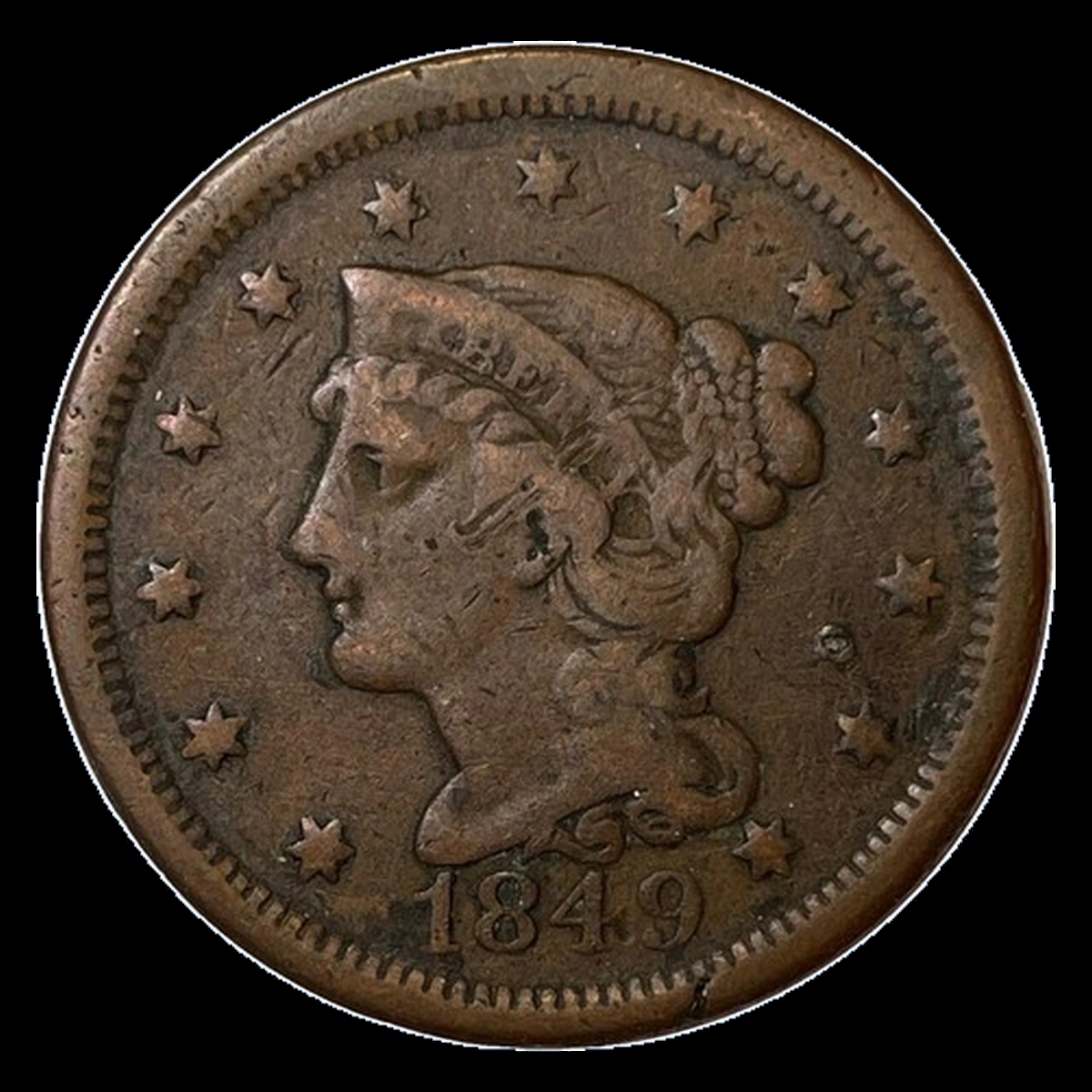 1849 Braided Hair Cent: Die Crack