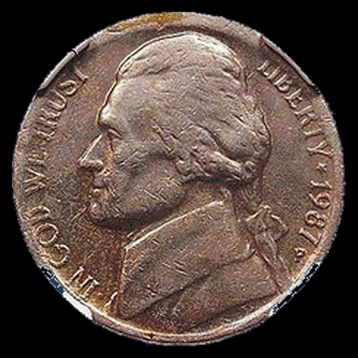 1987 Jefferson Nickel: Struck on clad stock