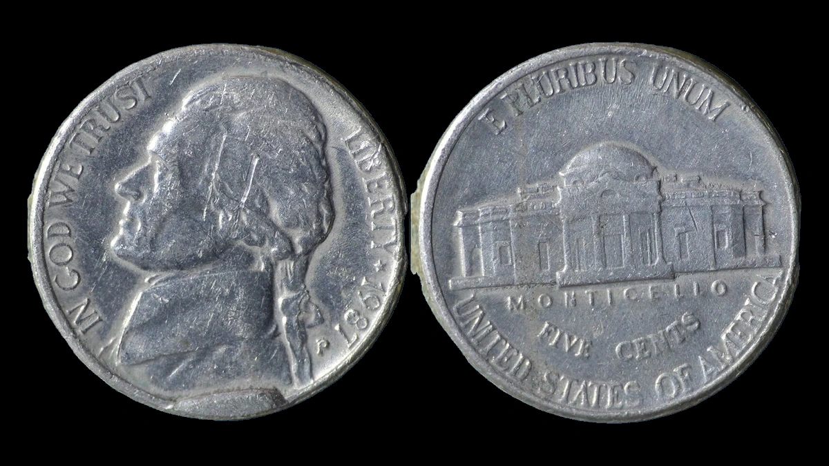 1987 Jefferson Nickel: Cud die break