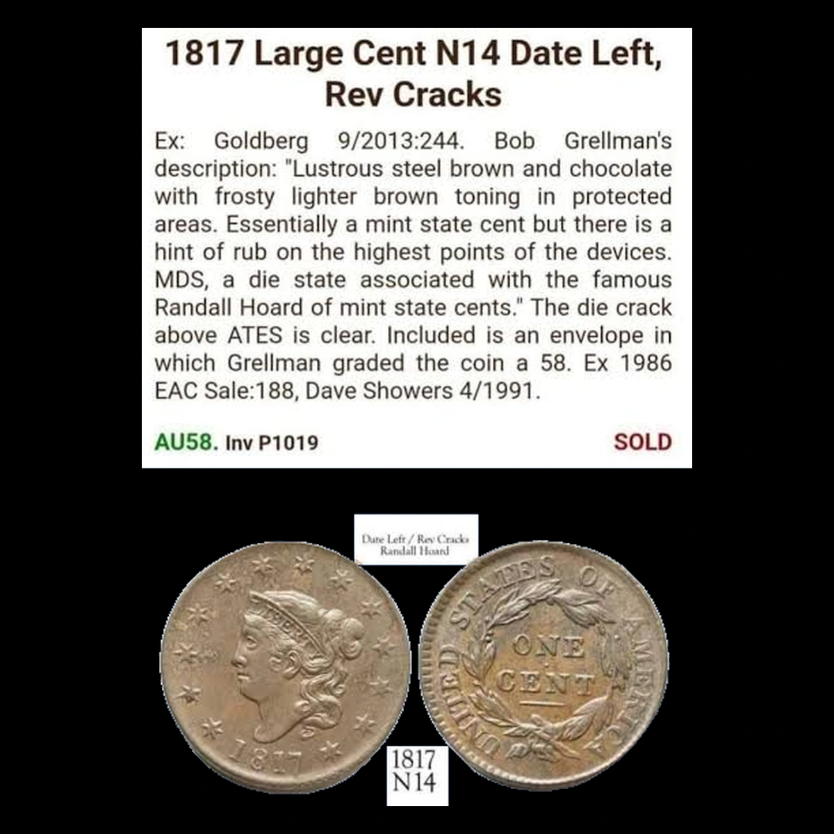 1817 Coronet Head Cent: Die Crack