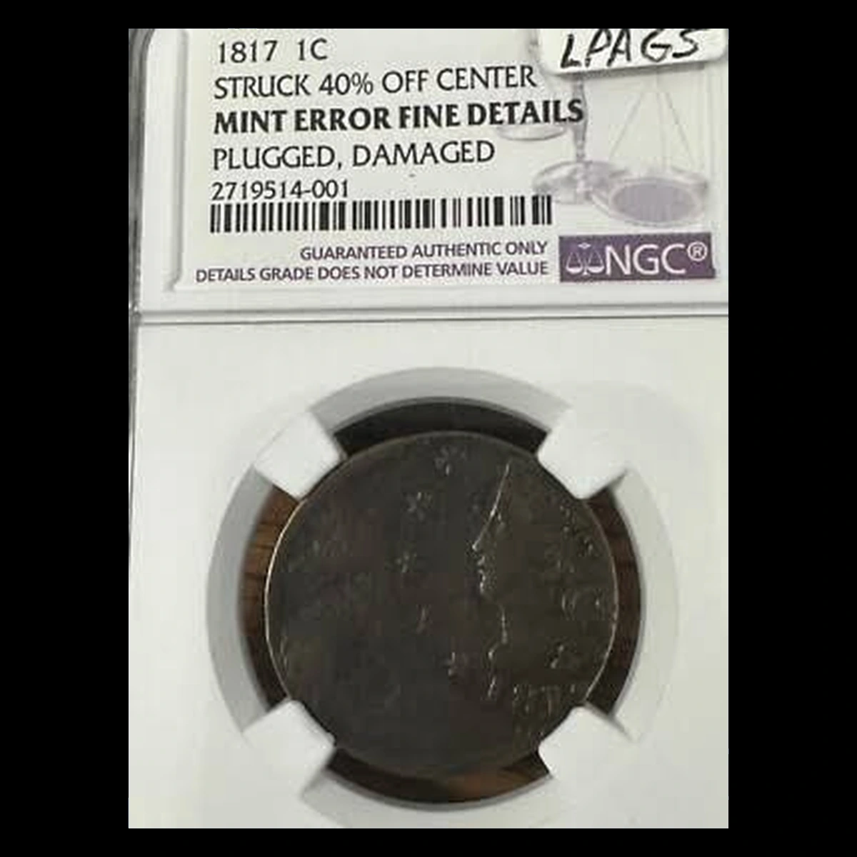 1817 Coronet Head Cent: off-center strike