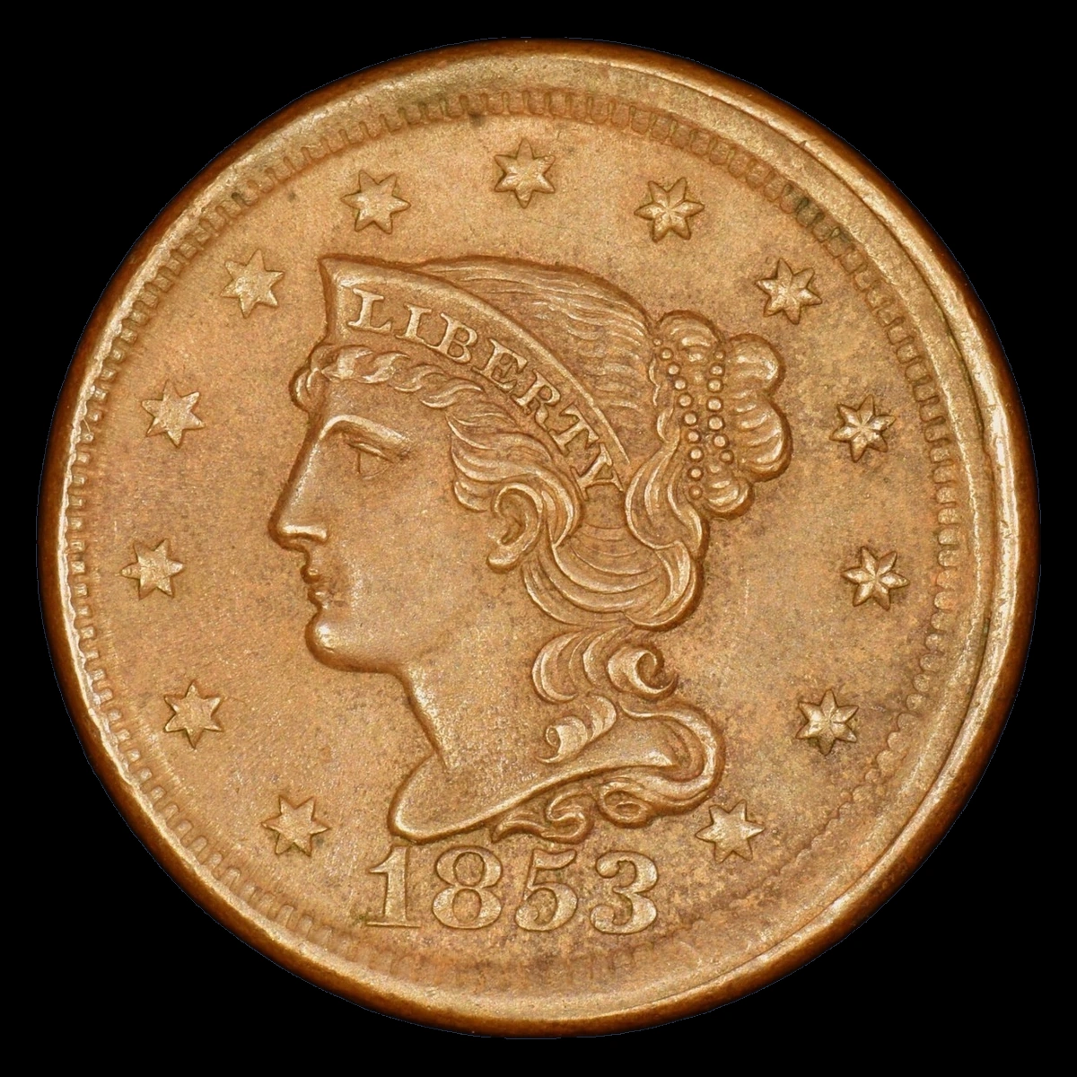 1853 Braided Hair Cent: Off-Center Strike