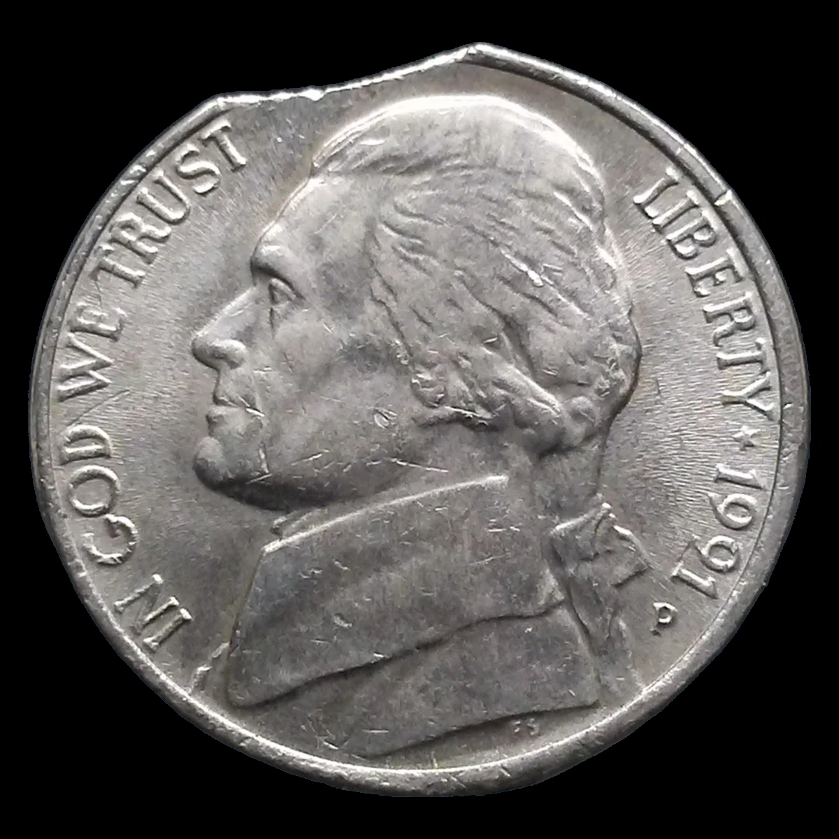 1991 Jefferson Nickel: Clipped Planchet