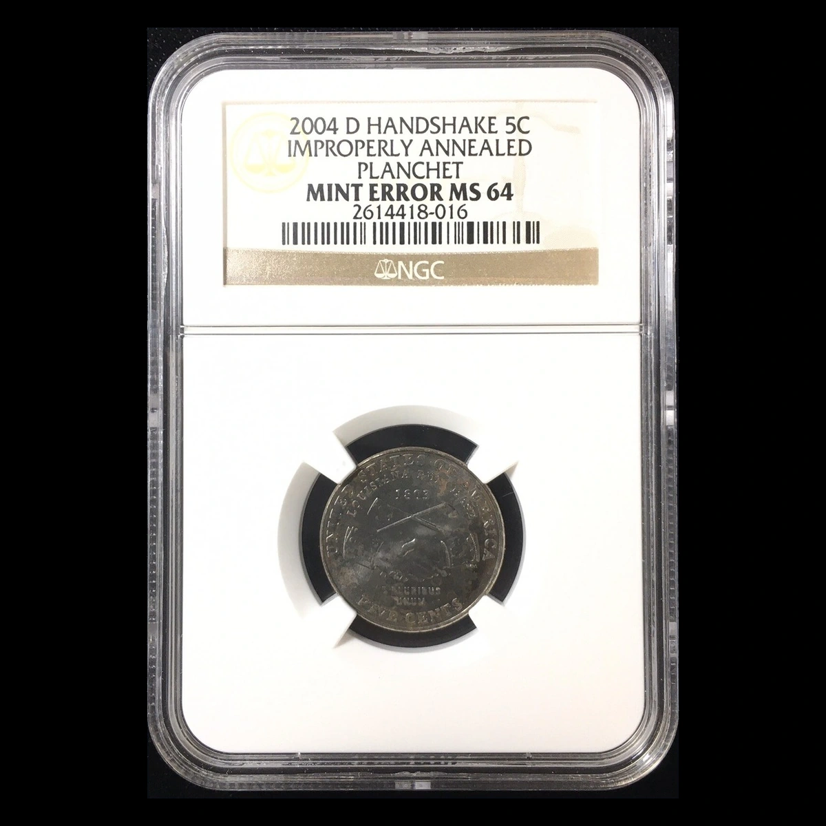 2004 Jefferson Nickel: Improperly annealed Peace Medal blank