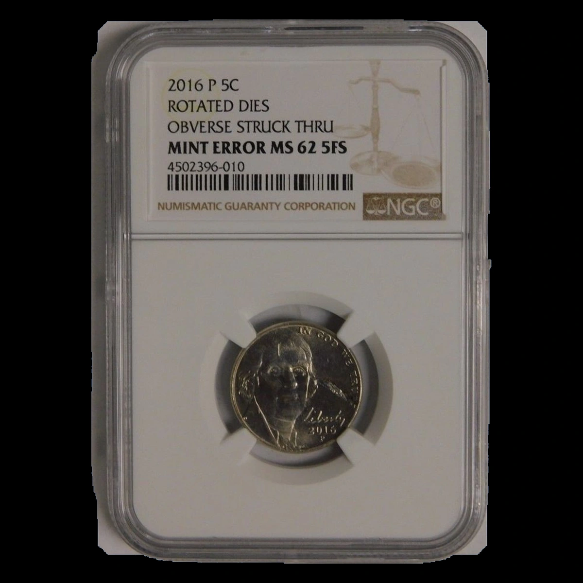 2016 Jefferson Nickel: Rotated dies with obverse struck-through