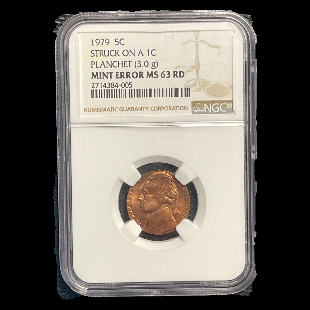 1979 Jefferson Nickel: Struck on cent blank