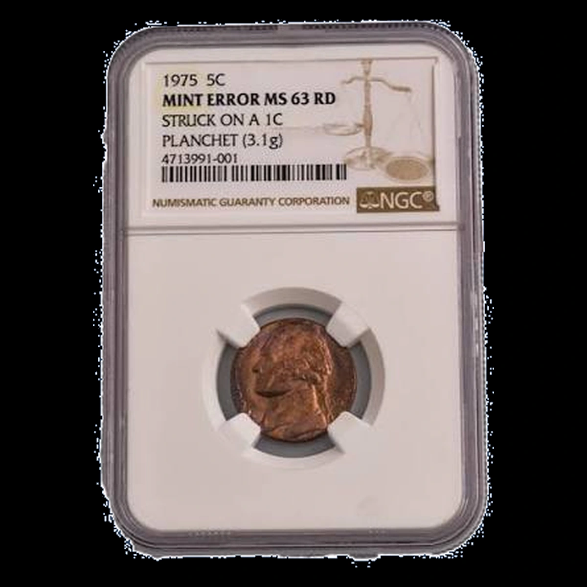 1975 Jefferson Nickel: Struck on cent planchet