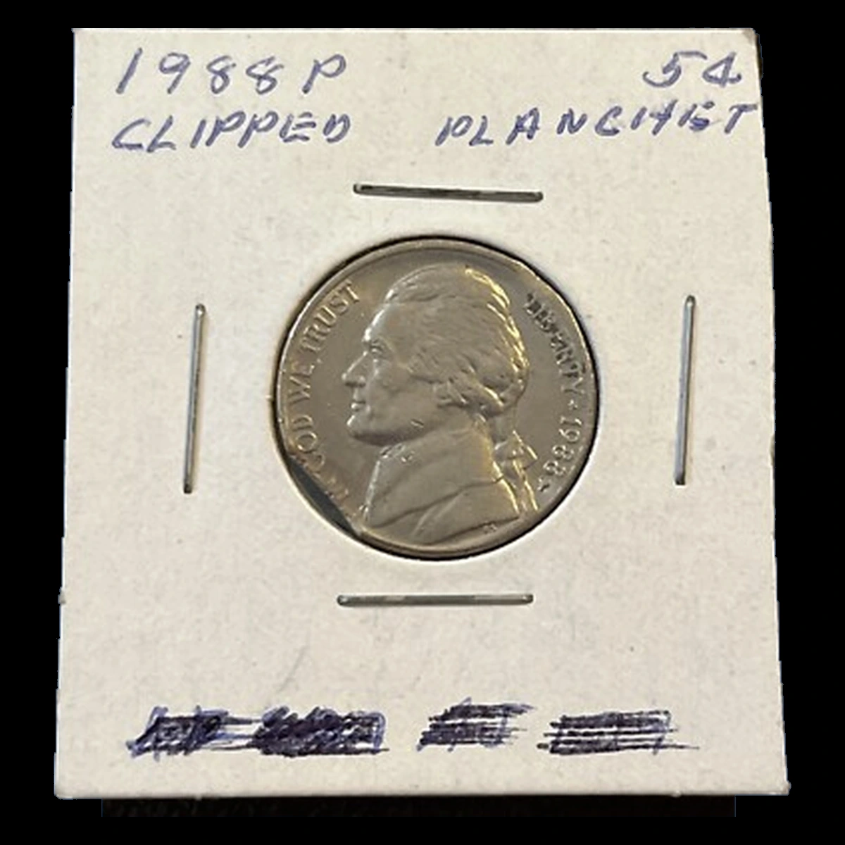 1988 Jefferson Nickel: Curved clip