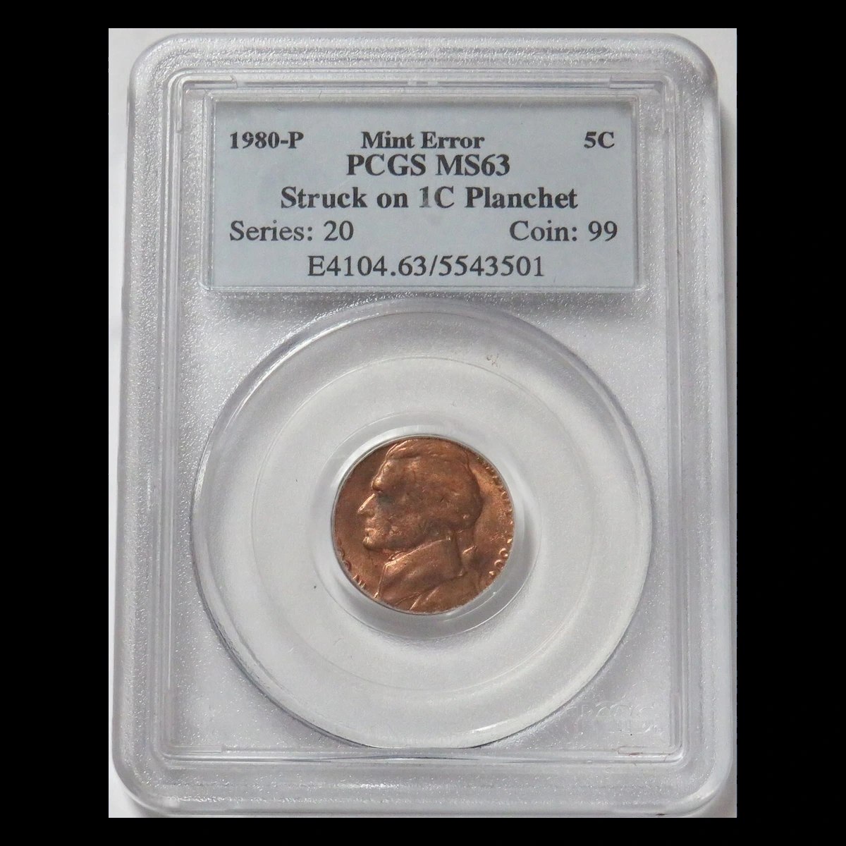 1980 Jefferson Nickel: Struck on cent blank