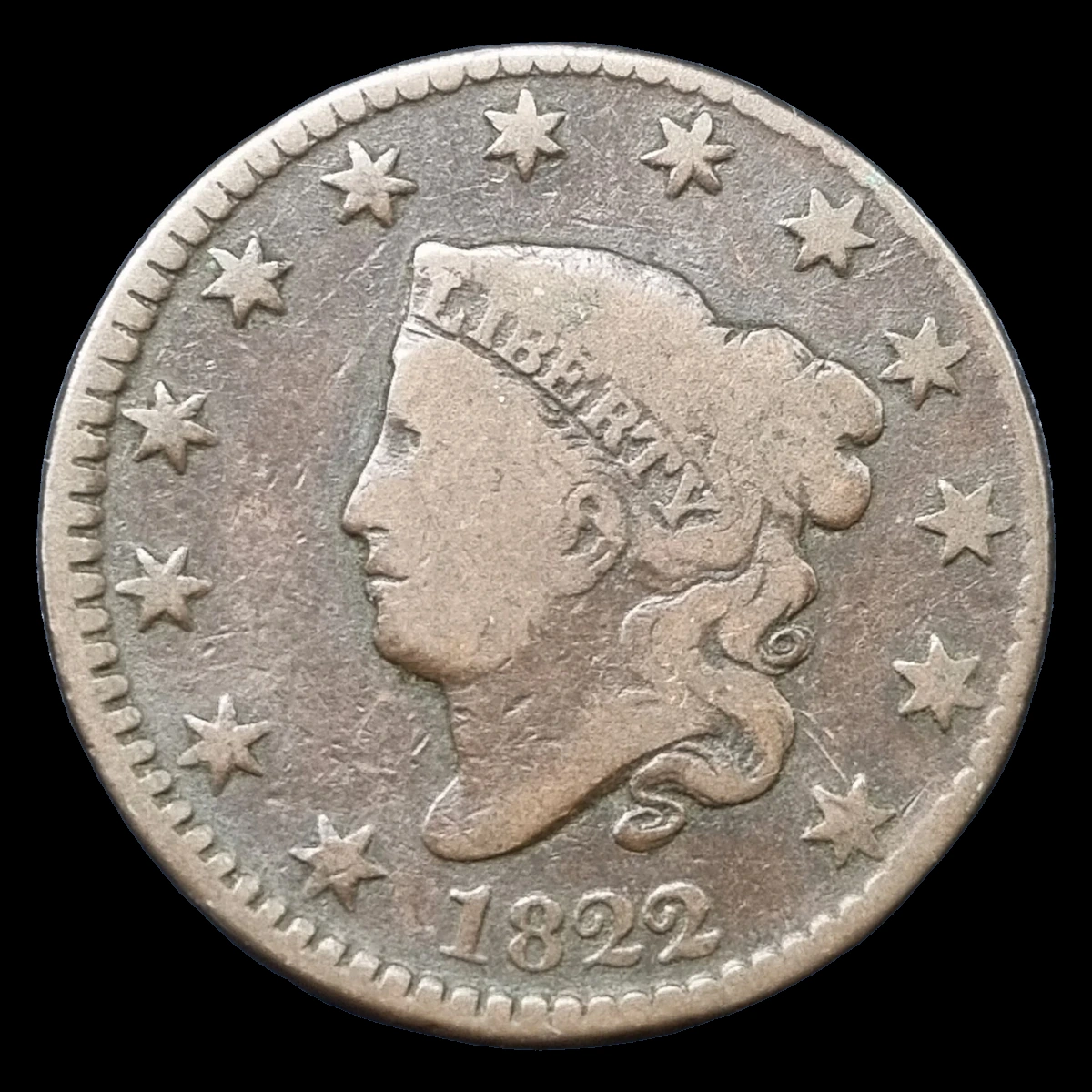 1822 Coronet Head Cent: Off Center Strike