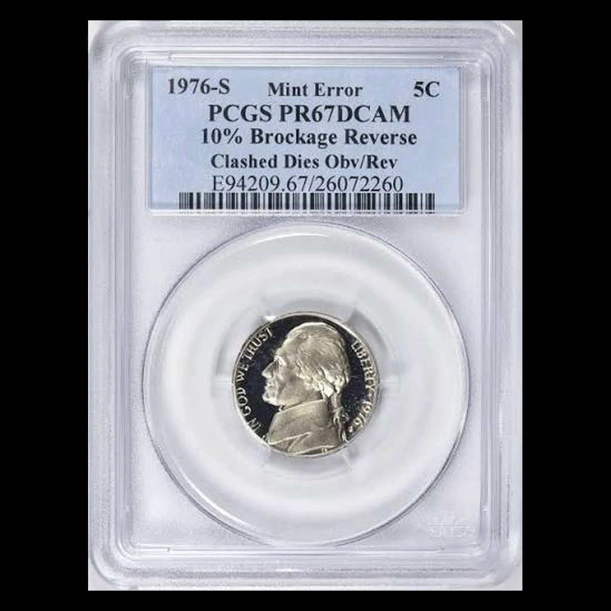 1976 Jefferson Nickel: proof brockage with die clash