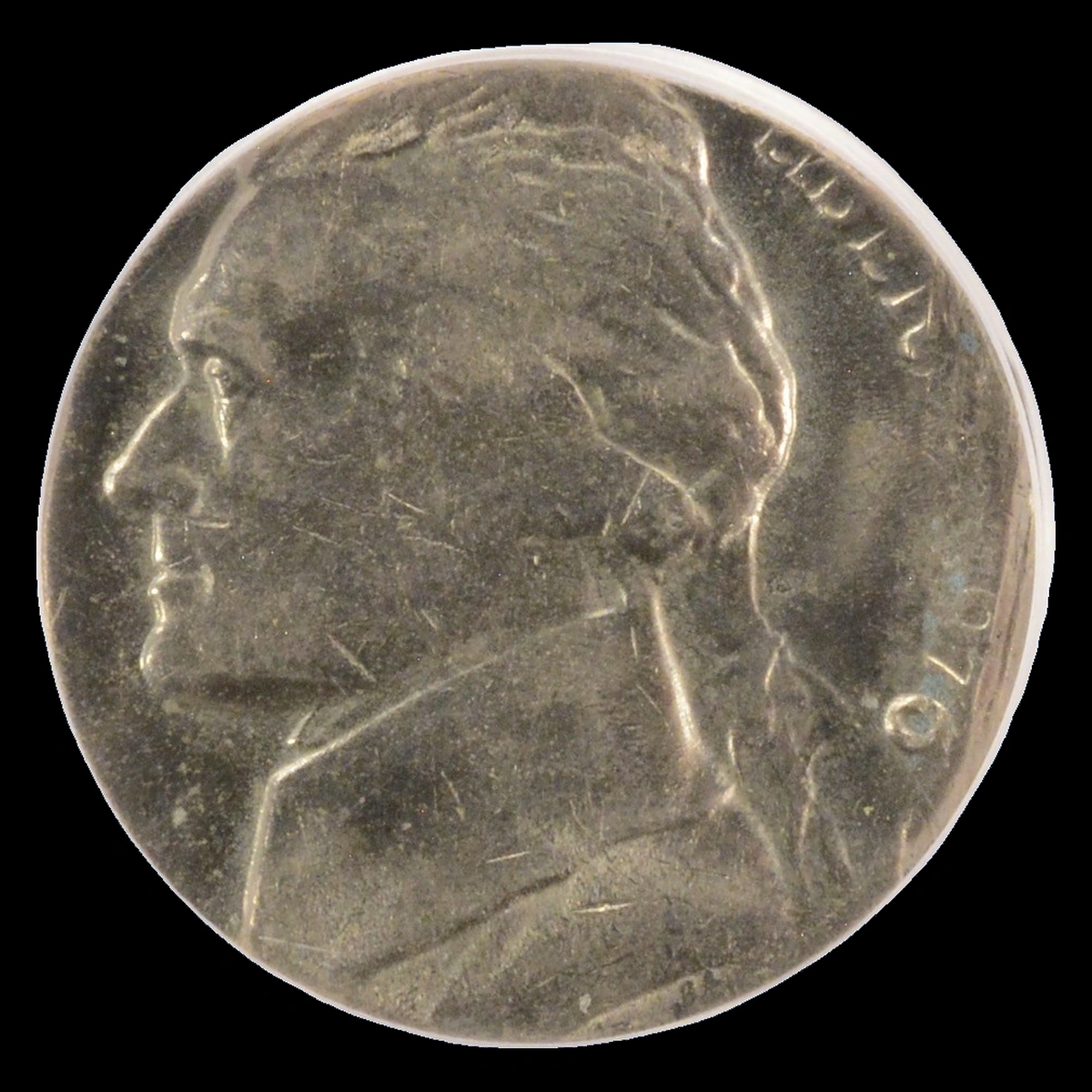 1976 Jefferson Nickel: Struck on clad dime blank