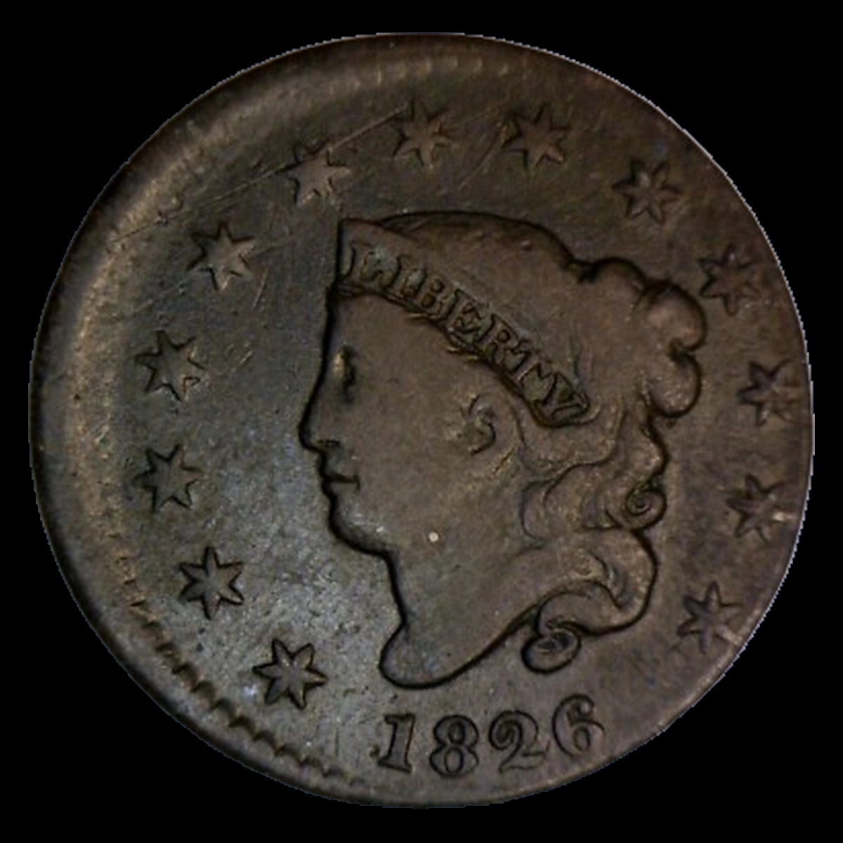 1826 Coronet Head Cent: Off-Center Strike