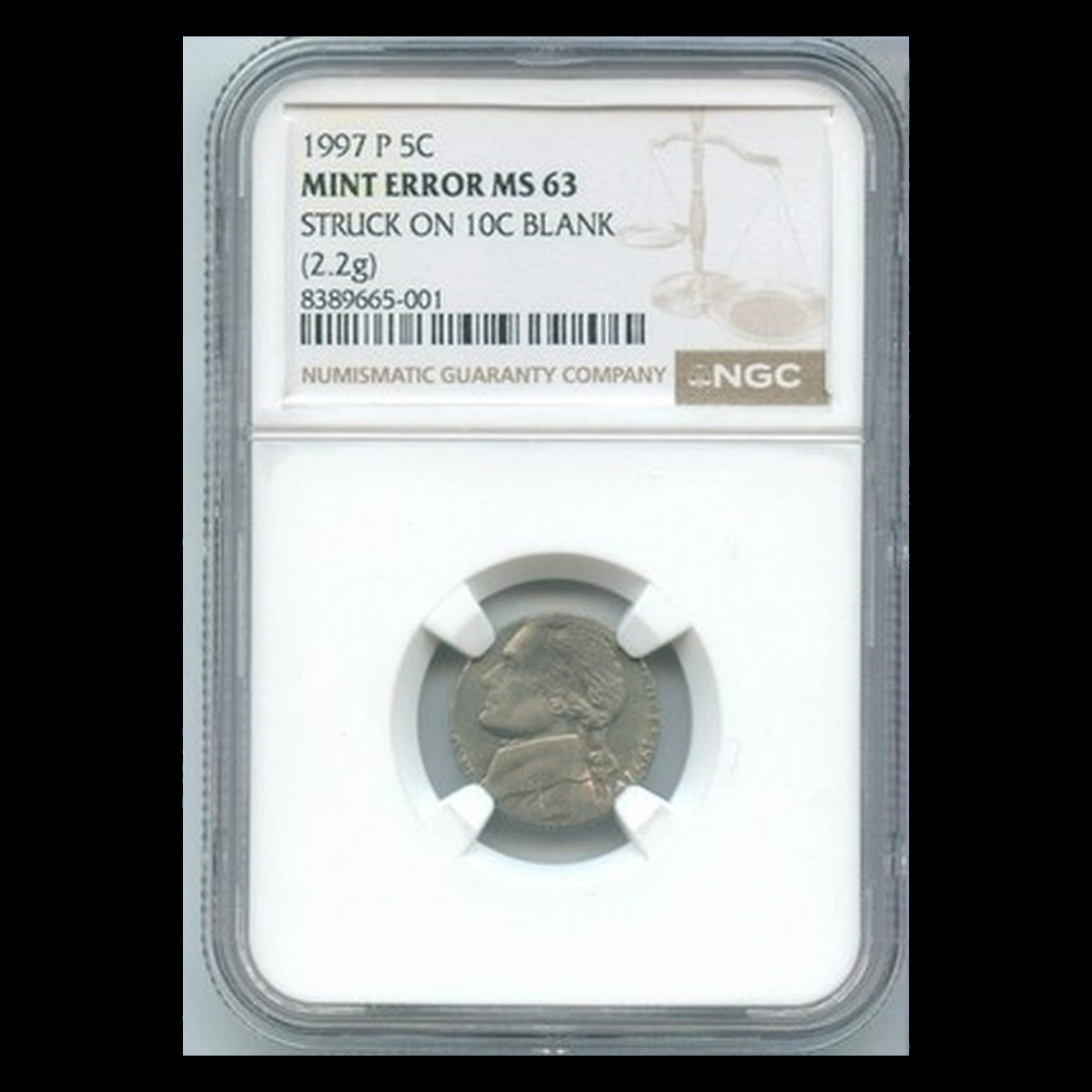 1997 Jefferson Nickel: Struck on clad dime blank