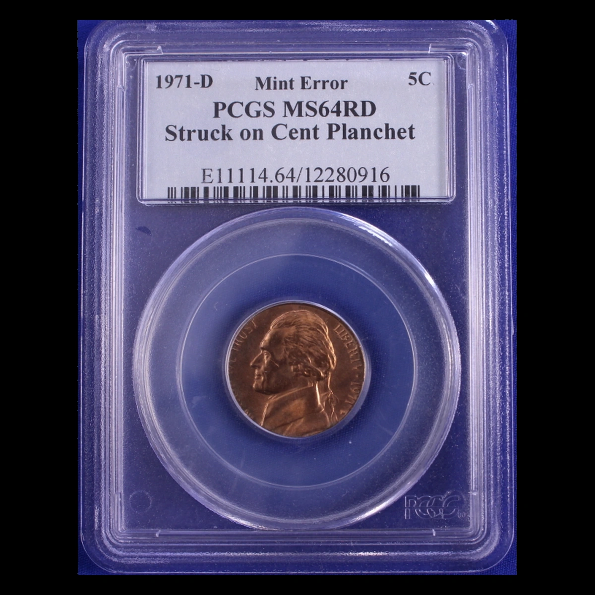 1971 Jefferson Nickel: strike on a cent blank