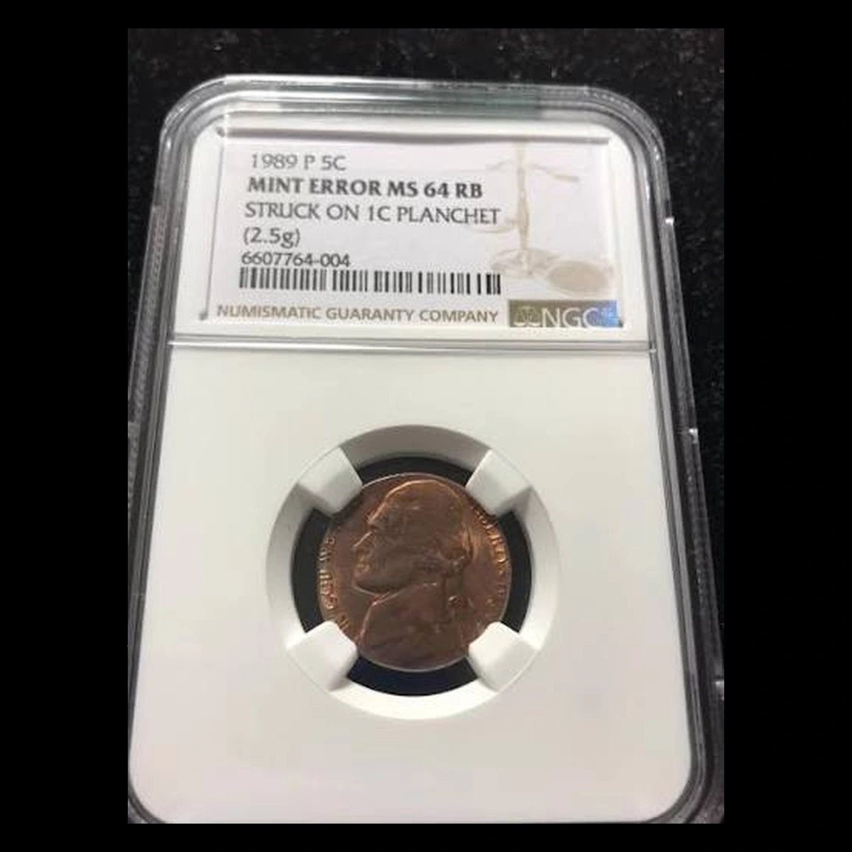 1989 Jefferson Nickel: Struck on cent planchet