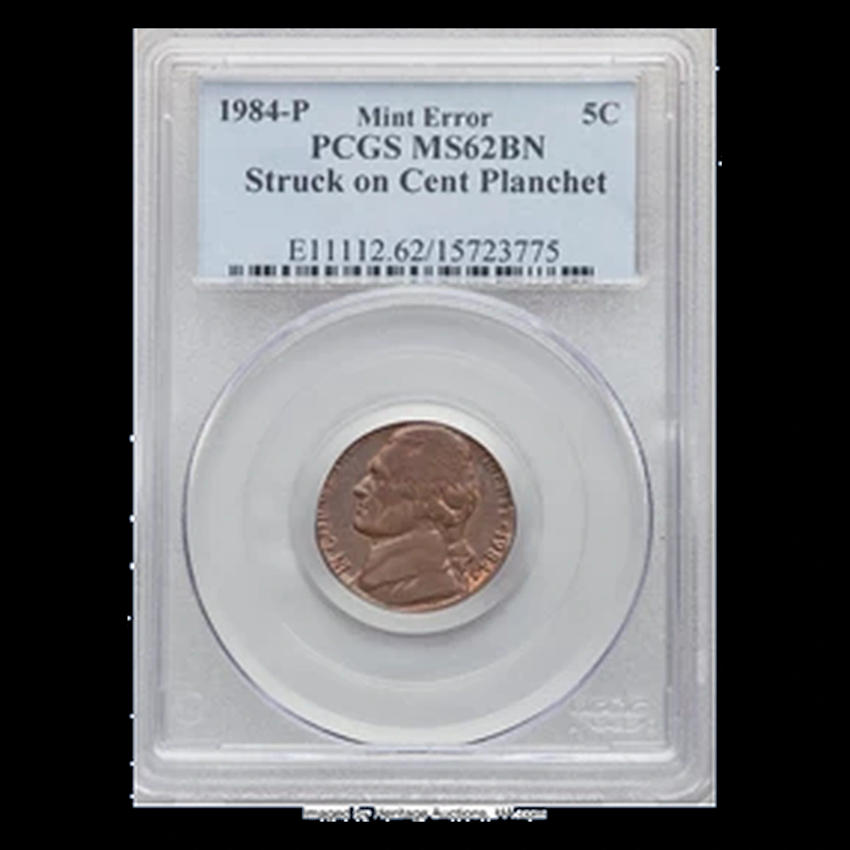 1984 Jefferson Nickel: Struck on cent planchet