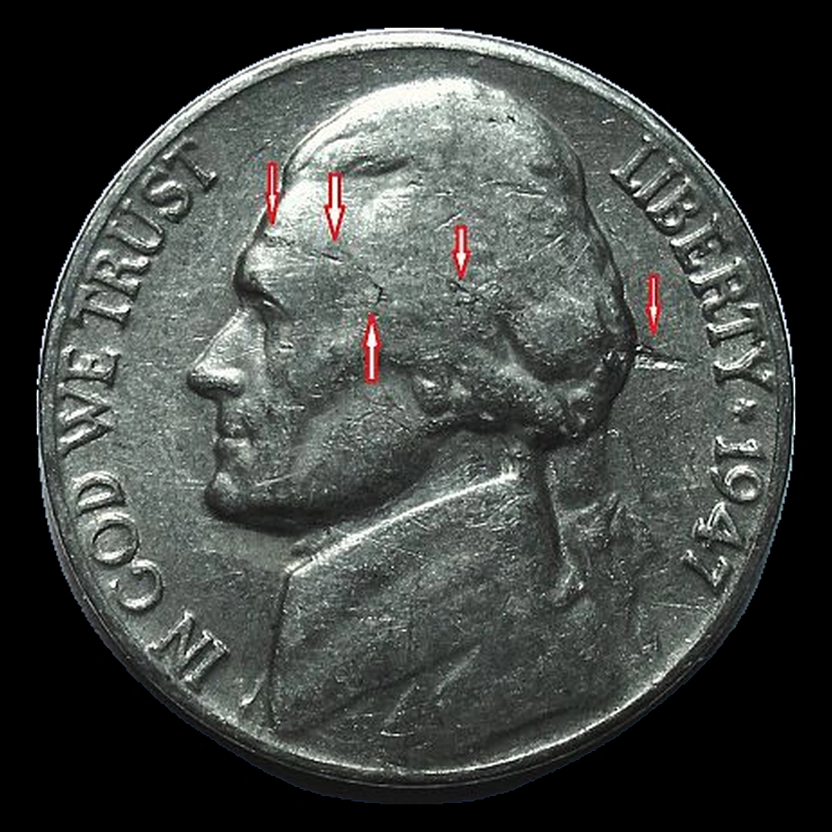 1947 Jefferson Nickel: Obverse lamination