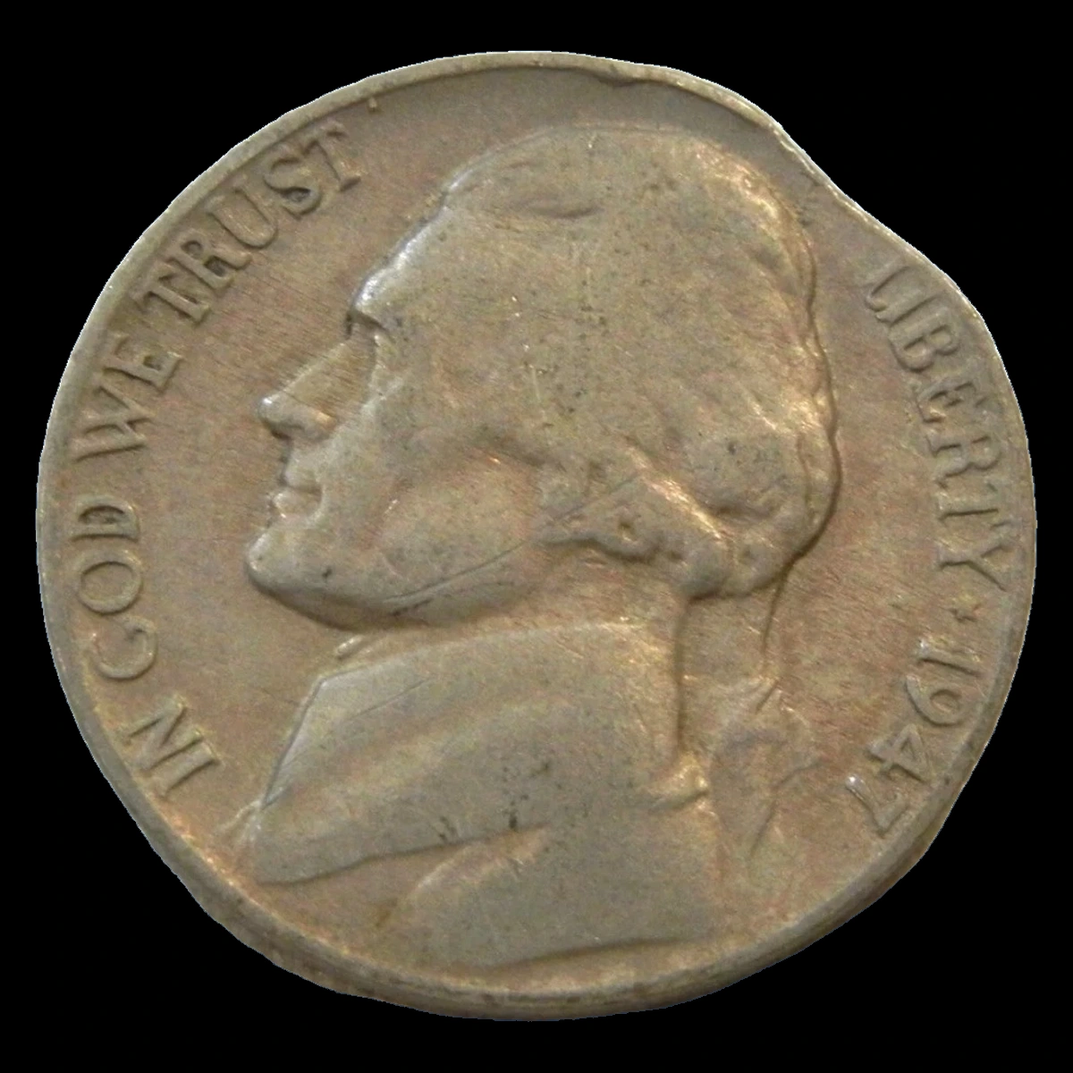 1947 Jefferson Nickel: Clipped Planchet