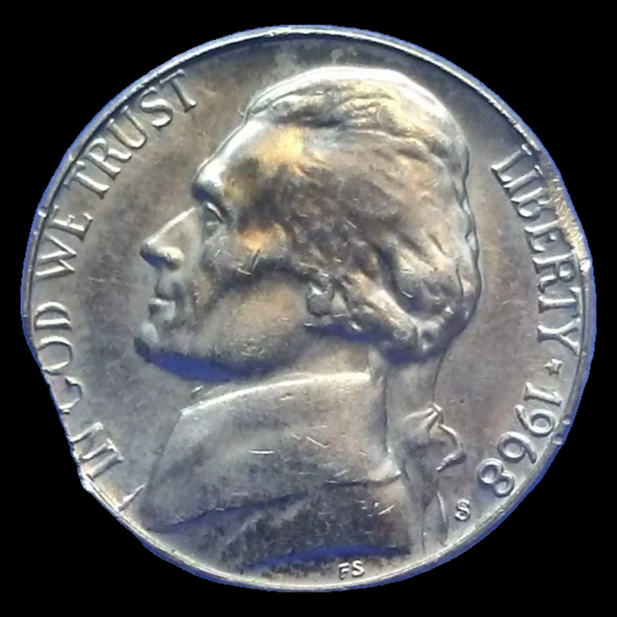 1968 Jefferson Nickel: Curved clipped planchet