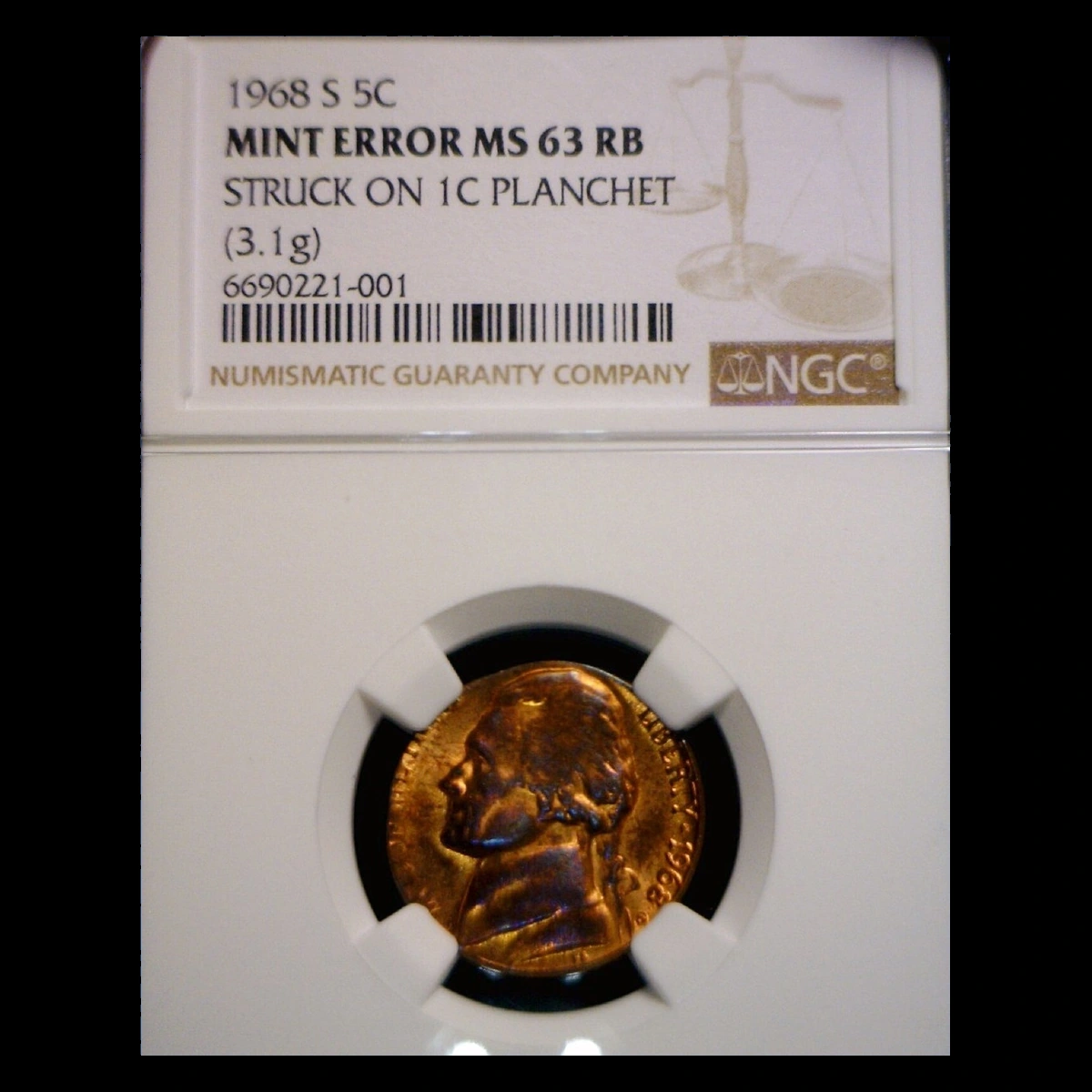 1968 Jefferson Nickel: Business strike on cent blank