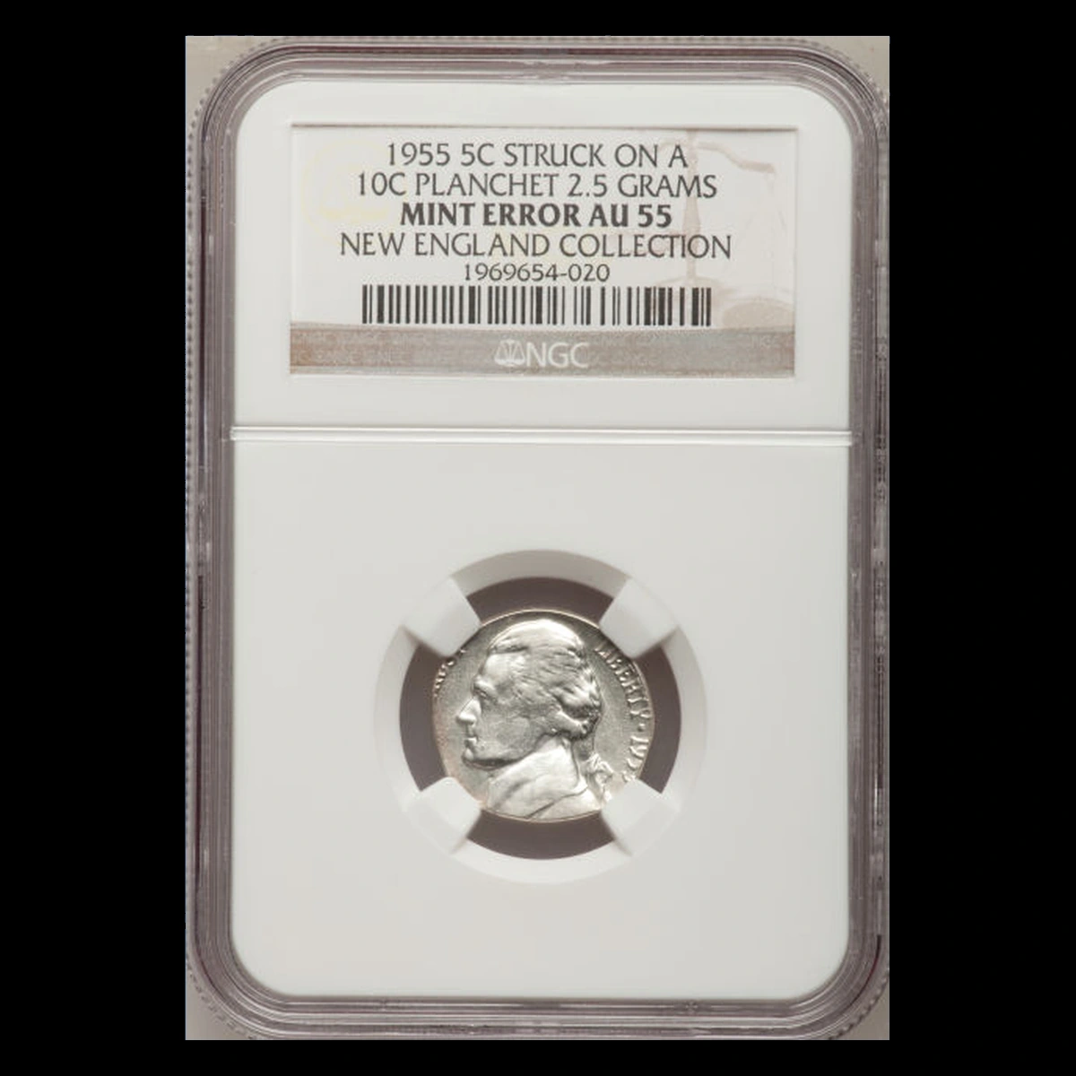 1955 Jefferson Nickel: Struck on a silver dime planchet