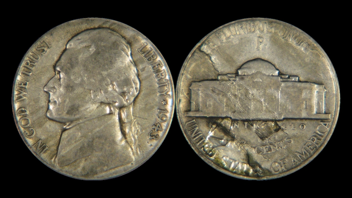 1943 Jefferson Nickel: Lamination / Split Planchet