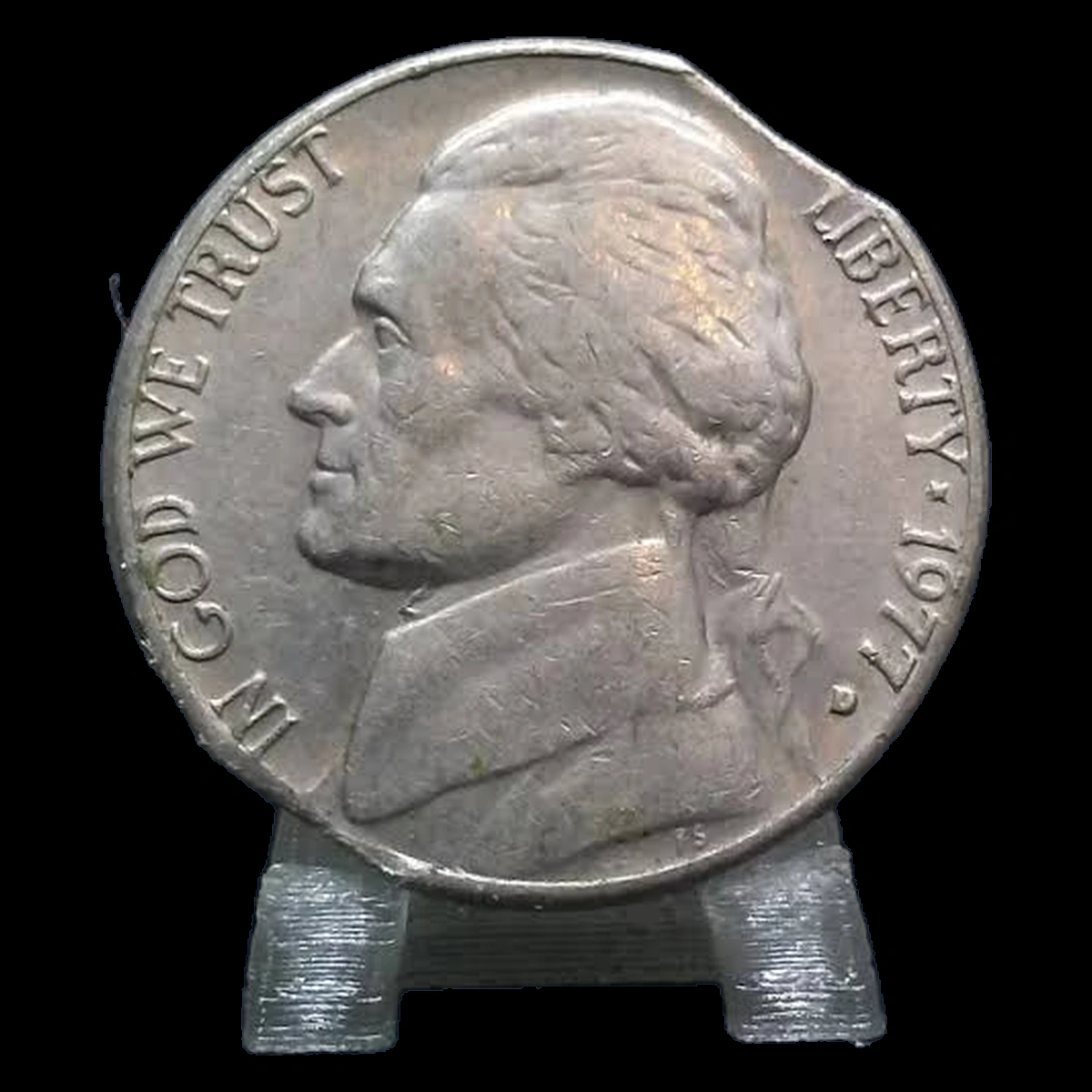 1977 Jefferson Nickel: Clipped Planchet