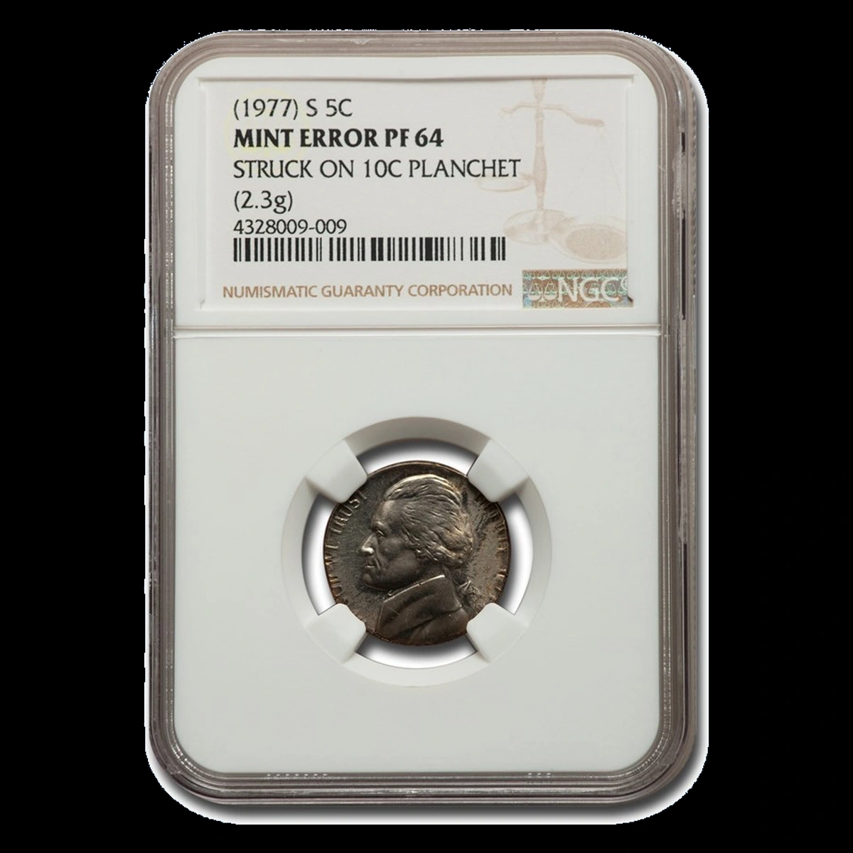 1977 Jefferson Nickel: Proof struck on clad dime blank