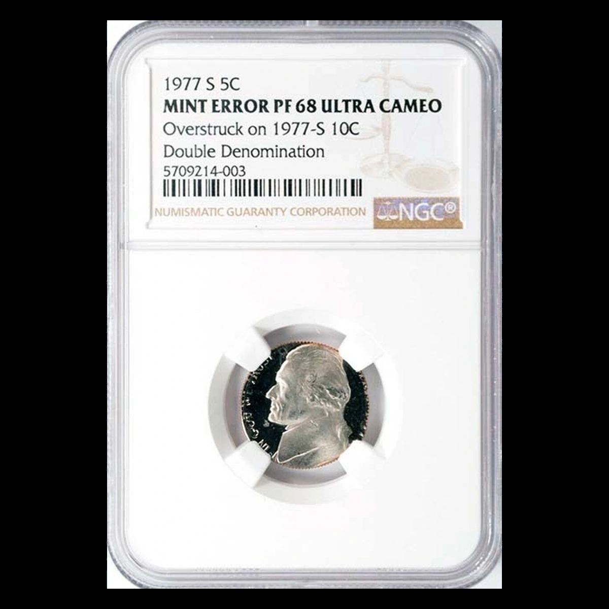 1977 Jefferson Nickel: Overstrike / Double Denomination