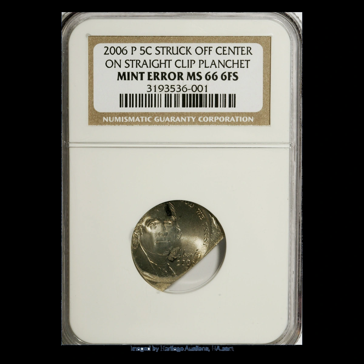 2006 Jefferson Nickel: Off-center strike on straight-clipped blank