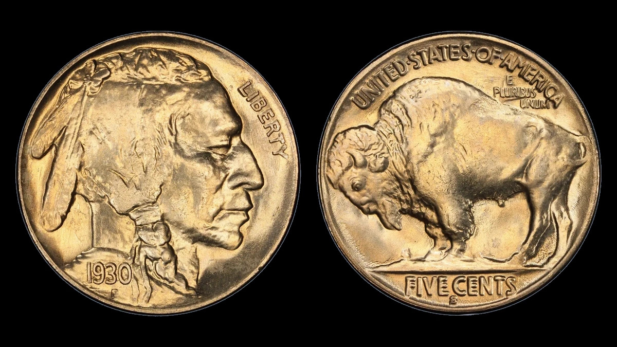 1930 Buffalo Nickel: Two Feathers / Abraded Third Feather