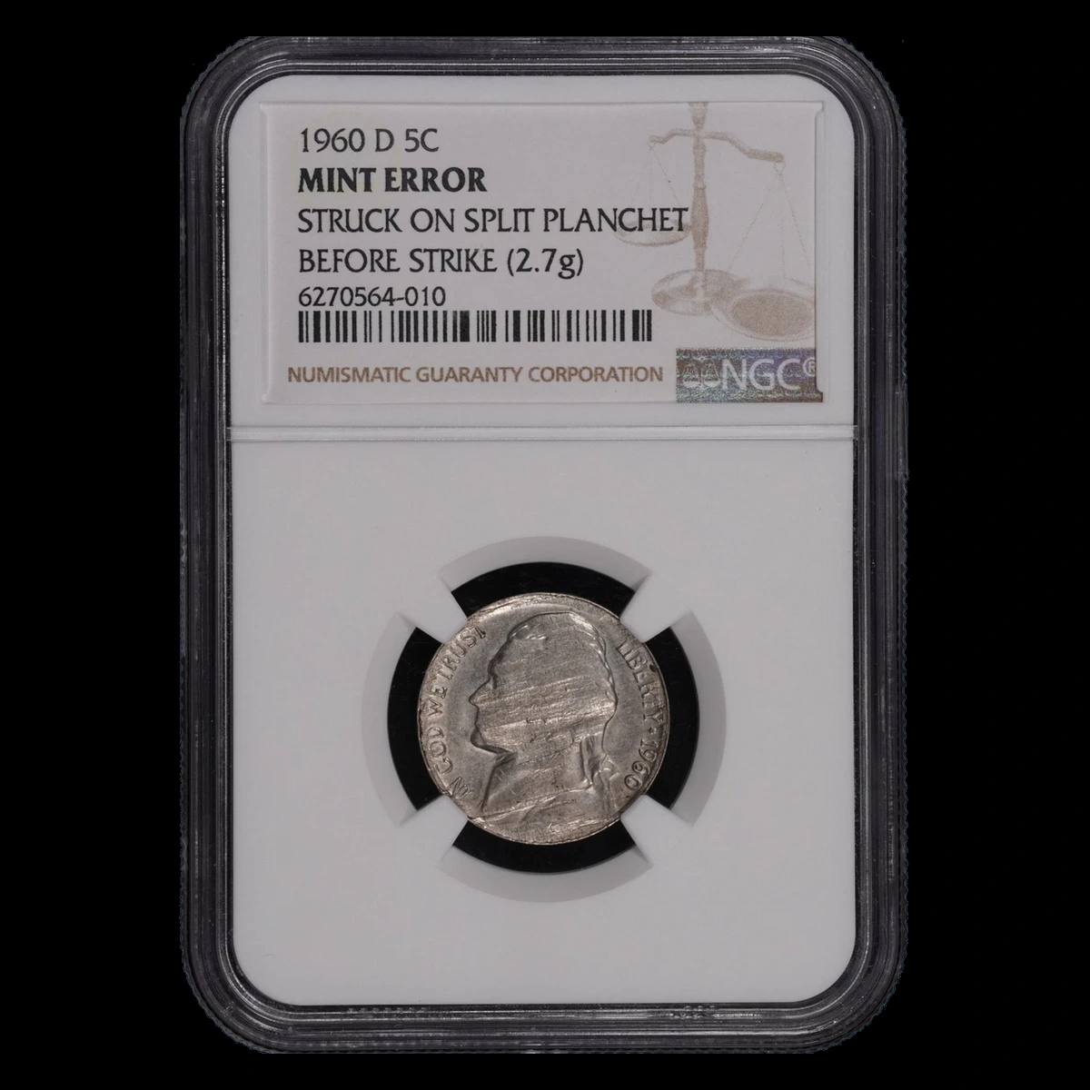 1960 Jefferson Nickel: Split planchet before strike